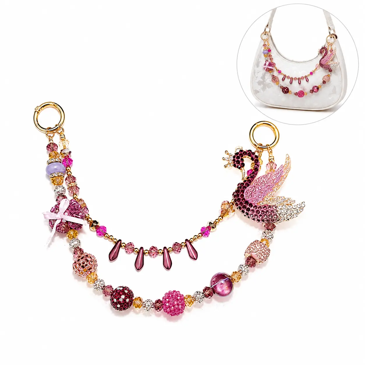 Pink Swan Rhinestone Bag Charm,Delicate Handbag Pendant Accessory for Women, Detachable Bag Charm,Pretty Holiday Gift,Ideal Birthday Gift for Girls & Women BB-337