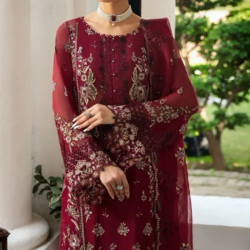green emerald velvet dress adan-libas Pakistani Dress Red Festive Chiffon main image 0
