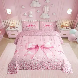 Feelyou Princess Bow Kids Bedding Set - Microfiber Bedding with Soft Breathable Blanket, Diamond Sequins Bowknot Floral Print Quilt, Kawaii Watercolor Floral Sheets, Polyester Fiber Fill, Multi-Size Options for Girls