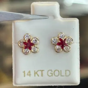 14K Red Cz Flower Earrings