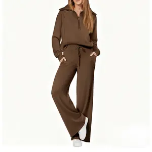 Women's Casual 2-Piece Sweatsuit Set - Half Zip Pullover Sweatshirt & Wide Leg Pants with Drawstring - Matching Tops & Sweatpants for Comfort