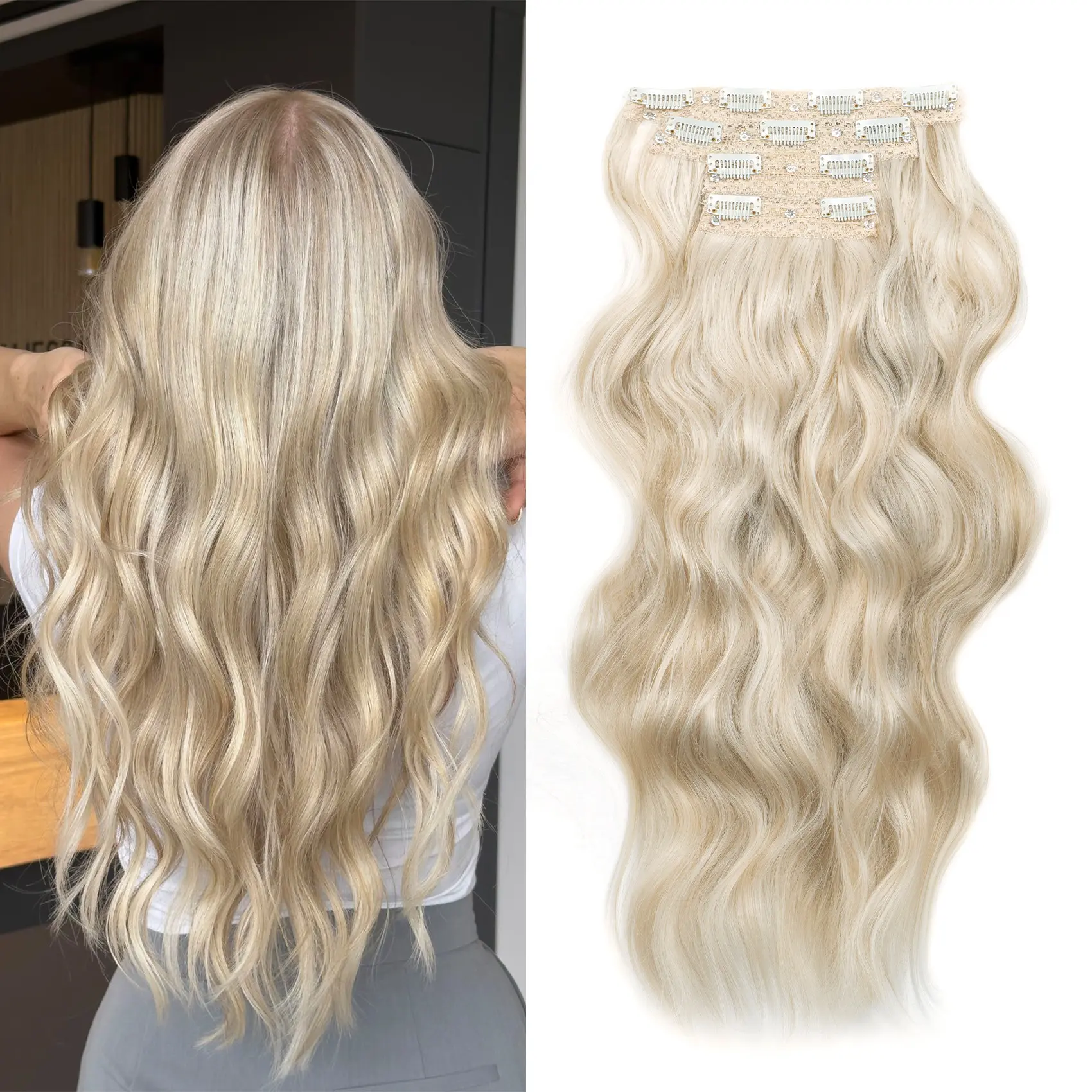 [QBEAUTY]  Blonde/Brown/Red  Clip- in Synthetic Hair Extensions Long Wavy 4PCS Thick Hairpieces  Double Weft Natural Hair Extensions for Women New Upgraded Lace Weft  Same Amount Of Full Hair With Lighter Weight All Day Comfort SpringStatements