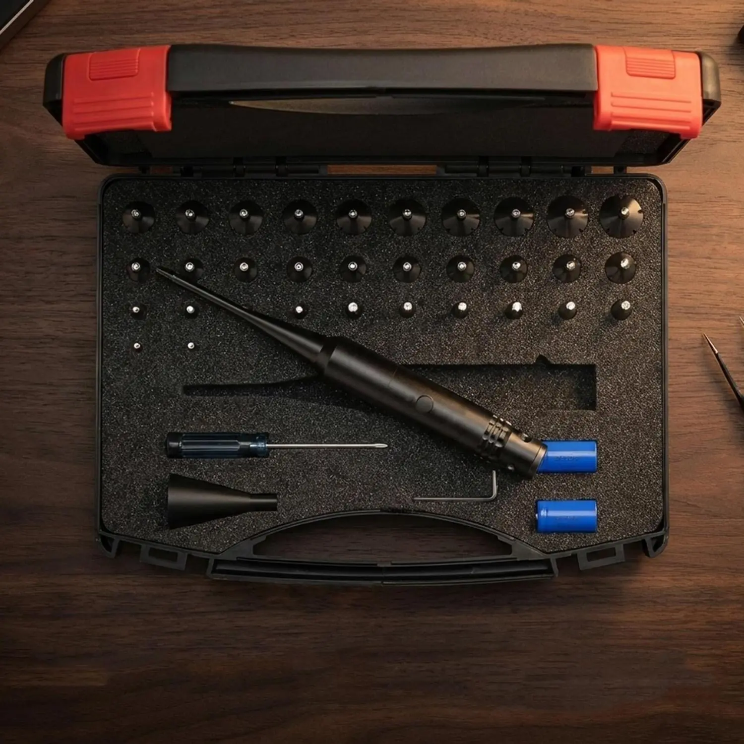Professional Red/Green Kit (Includes 32 Adapters) — Universal Multi-Caliber Sighting Tool, Compatible with .17 to 12 Gauge — High-Performance Outdoor Gear Black Blue
