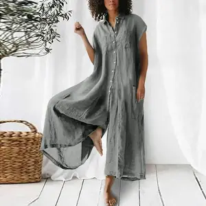 Women's Solid Color Casual Short Sleeve Medium and Long Cotton and Linen Shirt Jumpsuit Women's