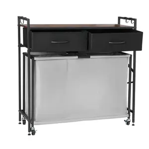 VEVOR 3 Section Laundry Sorter, Rolling Laundry Hamper with 2 Drawers, Hooks & Wheels, Rolling Basket Organizer Storage with Pull-Out Rolling Bags and Wooden Tabletop for Dirty Clothes, Bathroom
