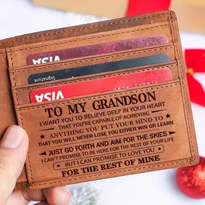 Top-grain Cow Leather Engraved Bifold Wallet - Card Holder & Coin Pocket -  For Men, Grandsons & Teen Boys - Perfect Birthday & Grandparent Gifts