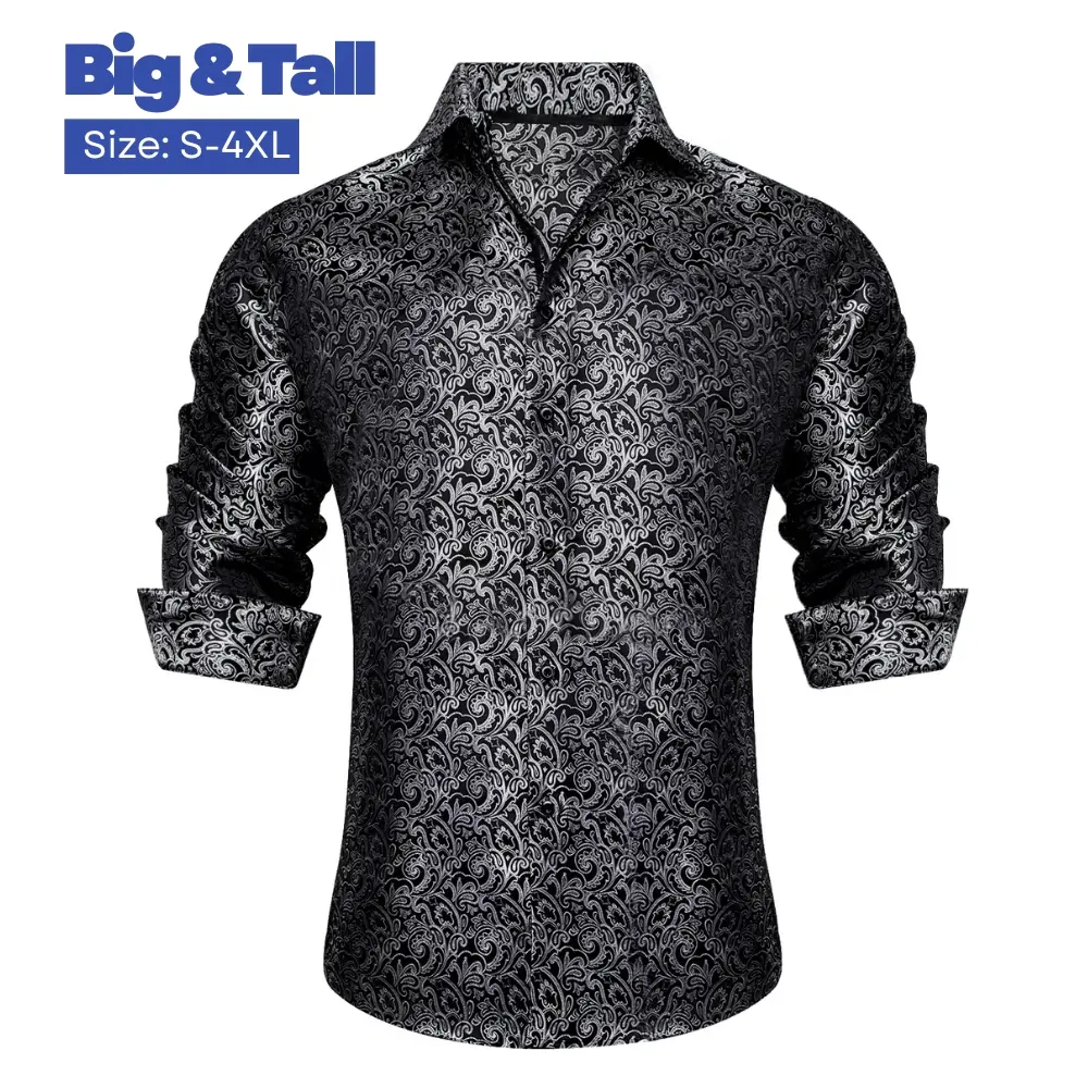 AILISUS Men's Oversize Floral Jacquard Paisley Black/Gray Business Casual Work Wear  Dance Date Gift Basic Button Shirt