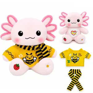 Kireidane 13 Inch Axolotl Plush with Bee Sweater & Striped Scarf – Soft kids Stuffed Animal Toy with Strawberry & Daisy Embroidered Paws, Cute Plush Doll for Birthday, Graduation Gift & Room Decor girlygifts