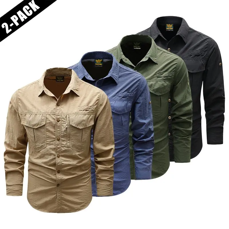 2-pack breathable outdoor shirts for autumn—climbing, fishing, and camping; summer quick-dry cargo long-sleeve casual shirts; men’s multi-pocket tactical tops; windproof, waterproof shirts