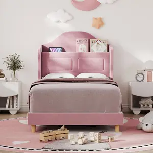 Garvee Upholstered Twin Platform Bed Frame with Wingback Headboard and LED Lighting, Velvet Finish, Bookcase Storage Headboard, Noise-Free Design, No Box Spring Required, Pink