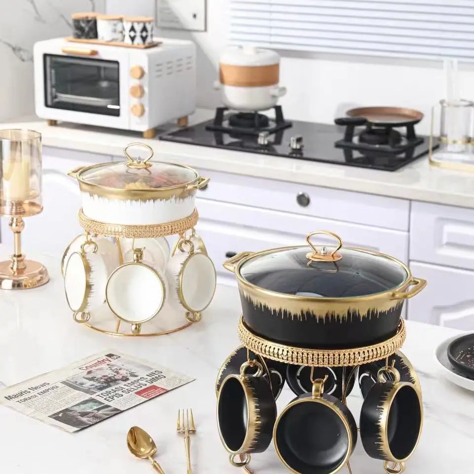 Luxury Black & Gold Soup Tureen Set with Crown Lid – Premium Serving Bowl with Stand & Matching Cups – Elegant Royal Design for Dining & Special Occasions