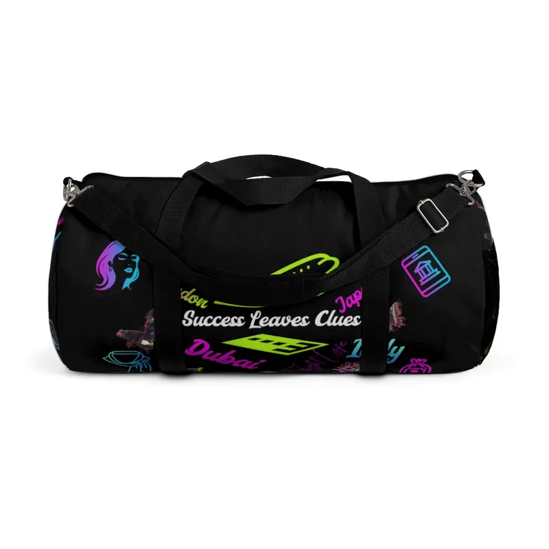 Black Neon Travel Duffle Bag  Custom 'Success Leaves Clues' Design with Vibrant Travel Icons"