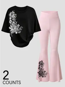 Two-piece matching set of leggings and t-shirt with Gothic angel print, Y2K dark aesthetic style, perfect for young people's everyday summer street wear, Womenswear