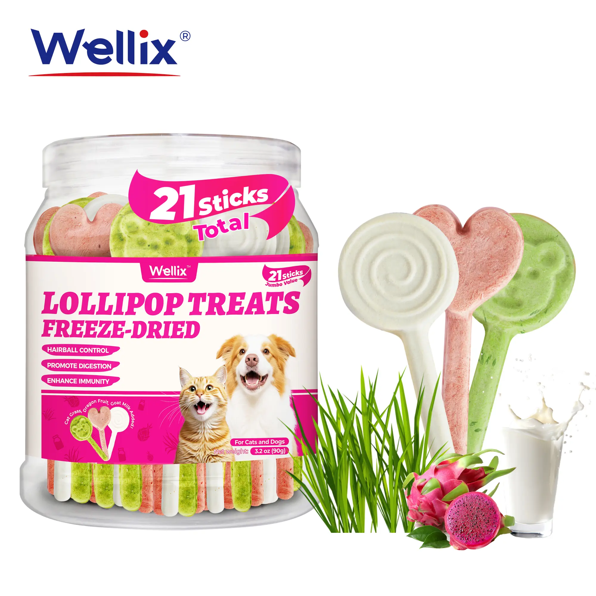 Wellix Freeze-Dried Treats for Dogs and Cats - Cat Grass, Dragon Fruit, Goat Milk Flavor 21pcs, Lollipop Healthy Cat Treats, Chicken Recipe Cat Treats, Low Calorie Training Treats