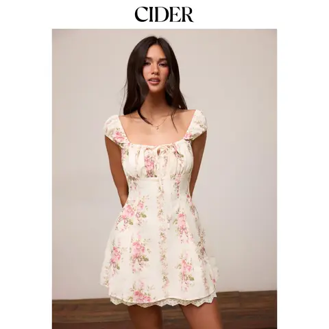 Cider Women's Floral Imported Casual Sweet Romantic Squareneck Sleeveless Knotted A-Type Mini Dress - Woven Fabric, Above-Knee, Spring Fashion Daily Wear, Size M