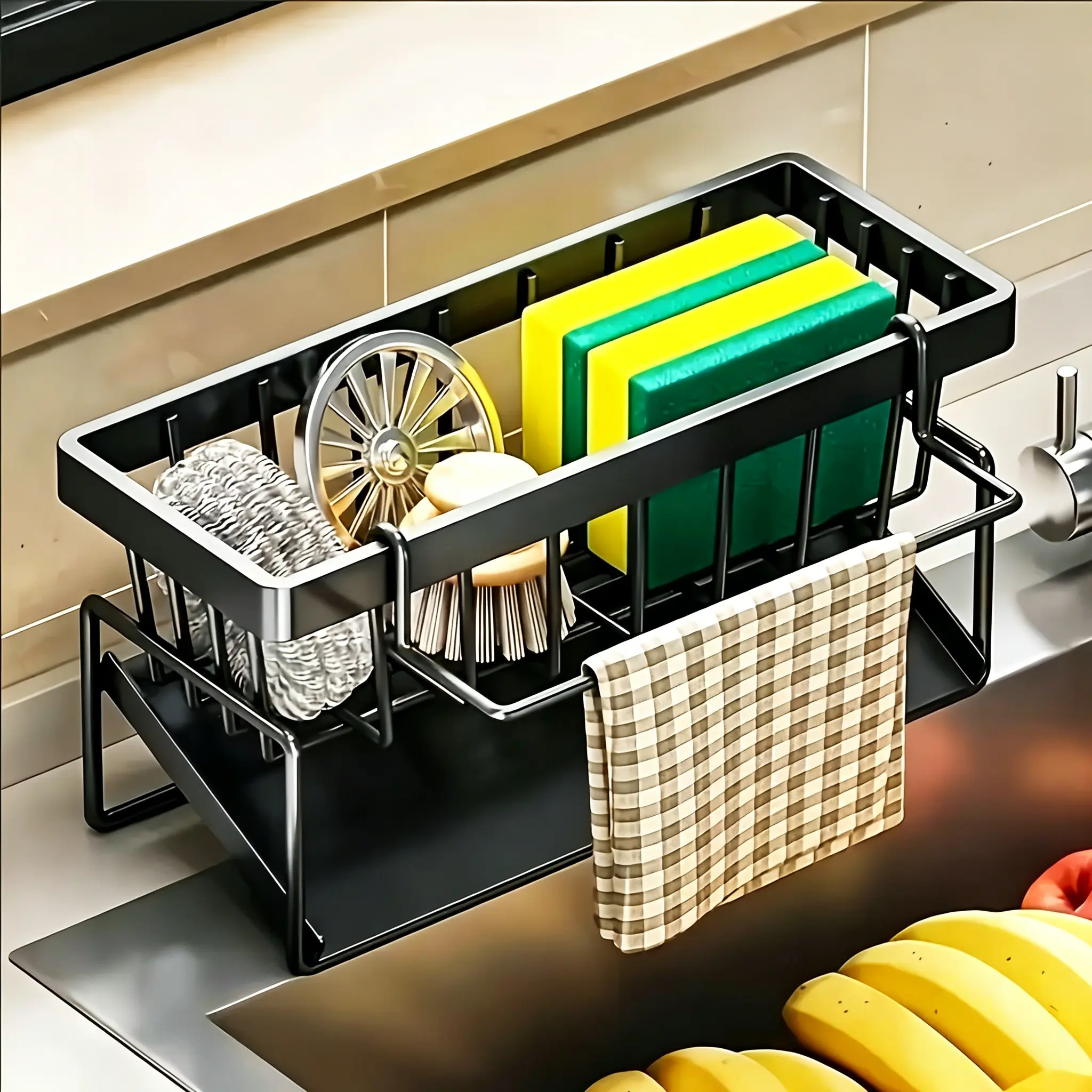 Thickened Metal Version Black Stainless Steel Kitchen Sink Caddy - Self-Draining Dishwashing Organizer with Divided Sponge Holder, Tall Brush Holder, Dish Soap Dispenser, Draining Boards, Home Decor Items