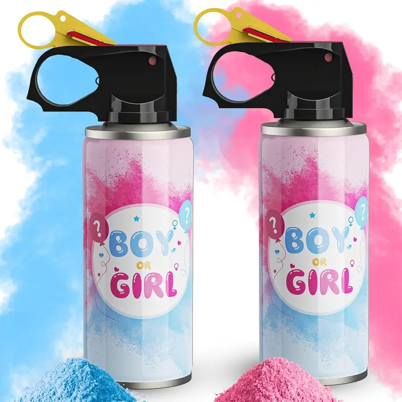 Gender Reveal Fire Extinguisher Color Blasters (2-Pack, 0.22 lb Each, Metal Canister) - 100% Safe Corn Starch Powder Sprays, 10 ft Spray, 1Pink+1Blue/2Blue Options, Easy to Clean Soluble, Blue/Pink Reveal, Baby Shower Party Supplies