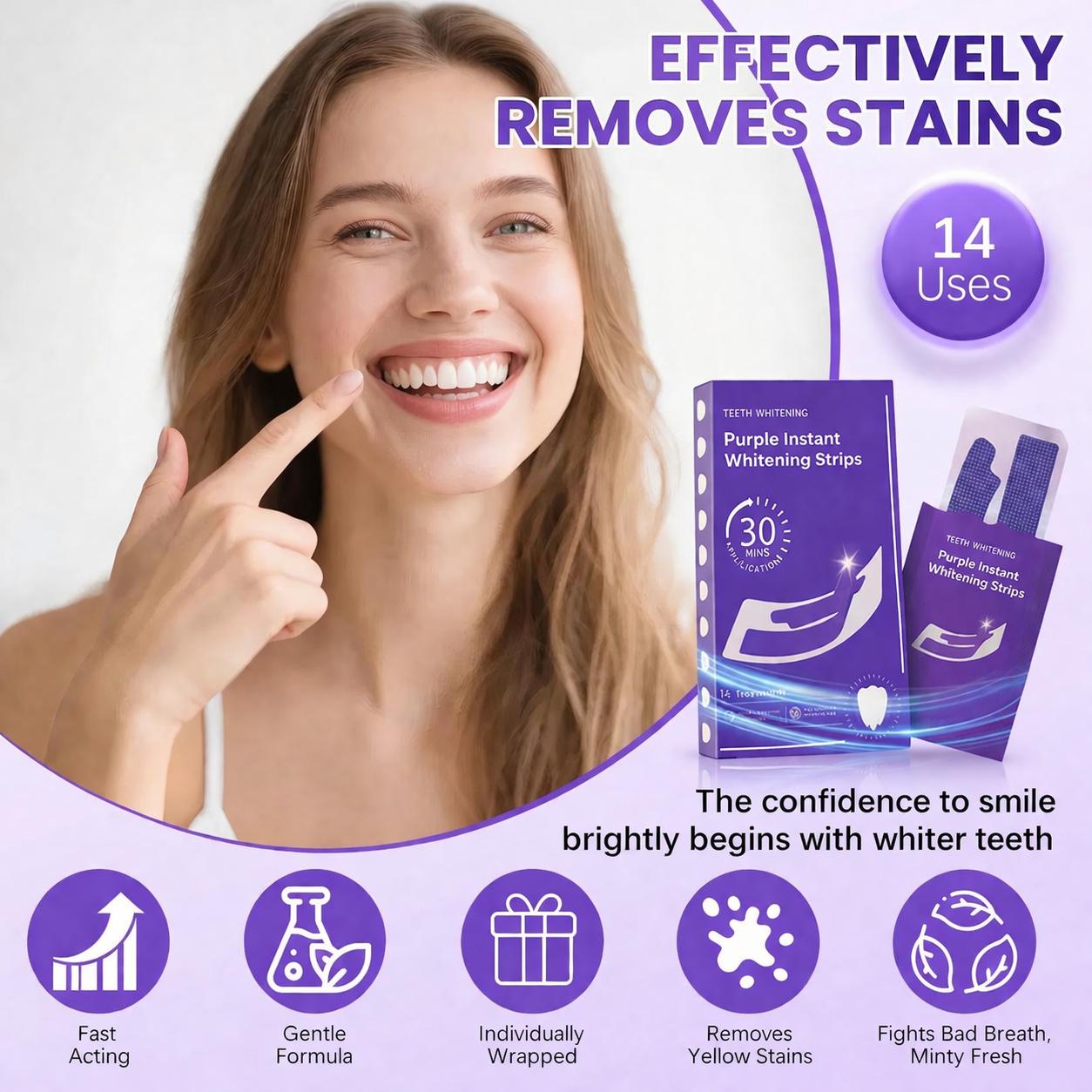 Purple Teeth Whitening Strips– 28 Pcs, Peroxide-Free, Enamel Safe, Low-Sensitivity, Quick Teeth Whitening, Whitening Strips Teeth Whitening Kit, 14 Treatments, Daily Use, Travel Use, Color Correction, Dental Care