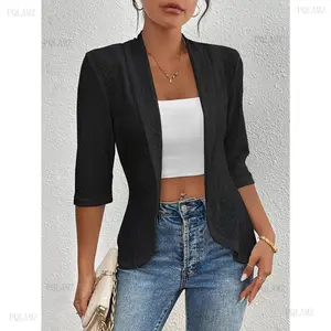 2025[White Cardigan] Lightweight Elegant Women's Open-Front Cardigan |     Solid White, Half Sleeve, Eyelet Embroidery, Spring/Fall Fashion Jacket