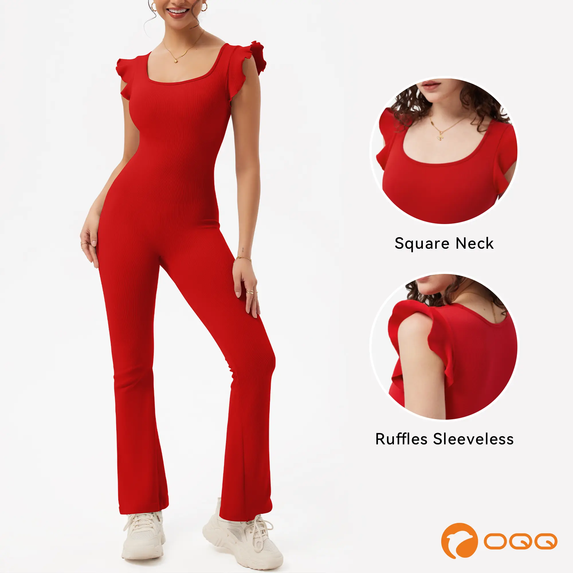 OQQ Women's Ribbed Square Neck Ruffled Sleeveless Flare Long Pants Spandex-Nylon Overalls, Breathable Sporty Stretchy Soft Party Bridal Basic Womenswear