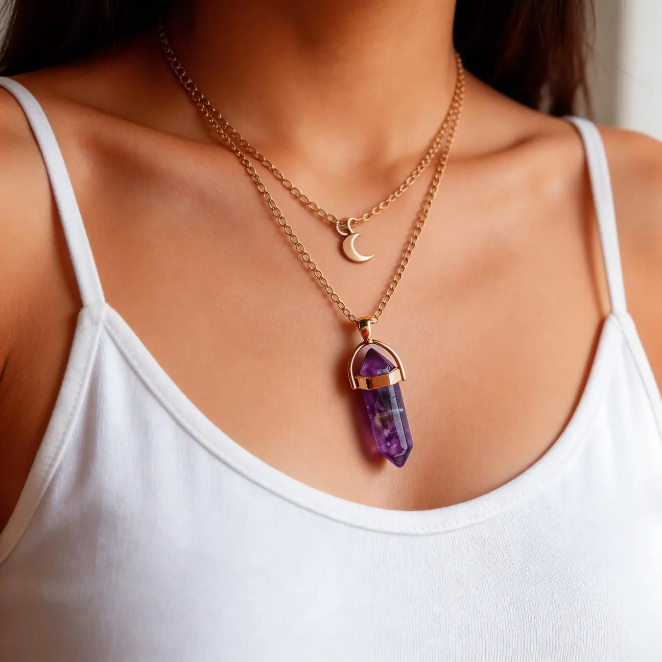Crystal Healing Necklace | Moon Charm Layered Chain | Spiritual Amethyst Jewelry | Manifestation Gift