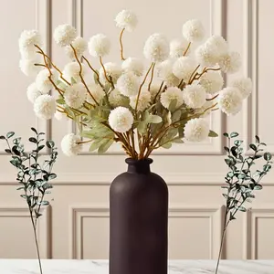 Artificial Snowball Pom-Pom Flower Bouquet without Vase, Faux Flowers Home Decor, Neutral Tan Cream Floral Arrangement, Fake Chrysanthemum Pom Pom Stems, Spring Fall Centerpiece