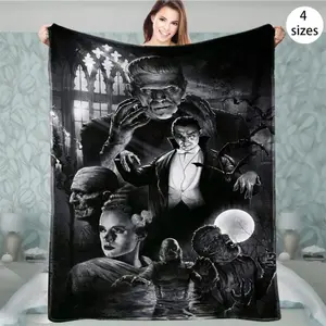 Frankenstein themed printed flannel blanket - versatile, warm and comfortable for the sofa, office, travel - a great gift for all seasons  Skin-friendly, soft, lightweight, and breathable.