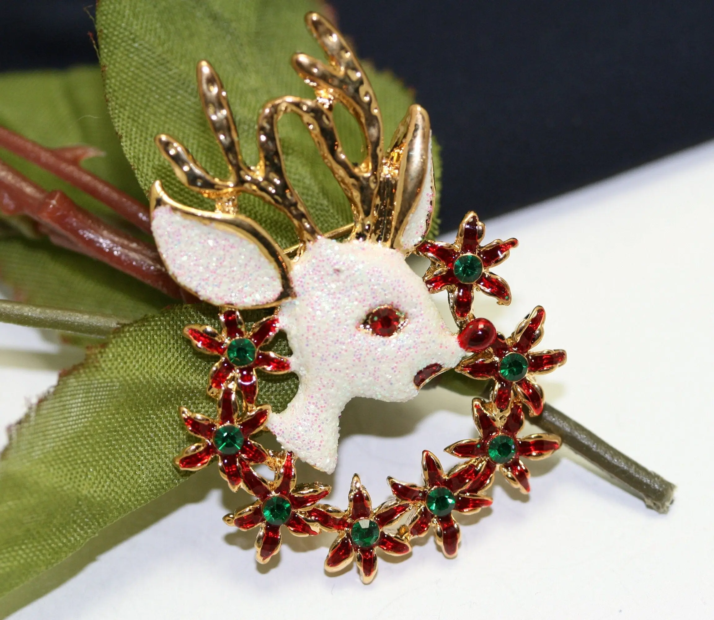 Classic Reindeer Pin with Rhinestone & Red Enamel Poinsettia Wreath - Christmas Animal Accessory for Unisex Wear, Holiday Chic Gift, Glitter, Reindeer Motif, Christmas Gift Ideas, Brooch Pin, 2"H X 1.5"W, Christmas Wear, Enamel & Gems