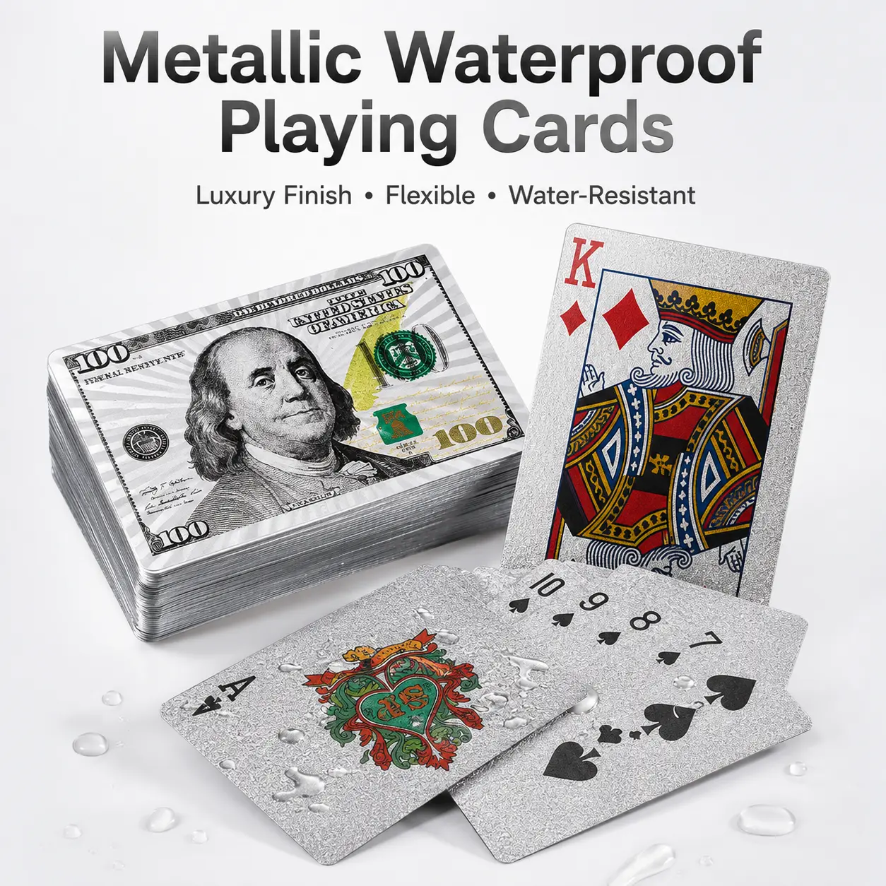 Luxury Metallic Waterproof Playing Cards, Gold & Silver Poker Deck with Diamond Finish, Durable Plastic Card Set for Game Night, Casino Party & Gifts