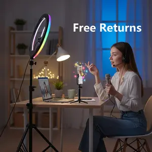 【Flash Sale】12" RGB portable video light with 43.3" Tripod Stand & 2 Phone Holder, LED Ring lights with Multiple RGB Colors Modes and 3 Brightness Dimmable for Makeup/Photography/Videos/Vlog/TikTok ring light glow content#Summer Wins#Fathersdaygift