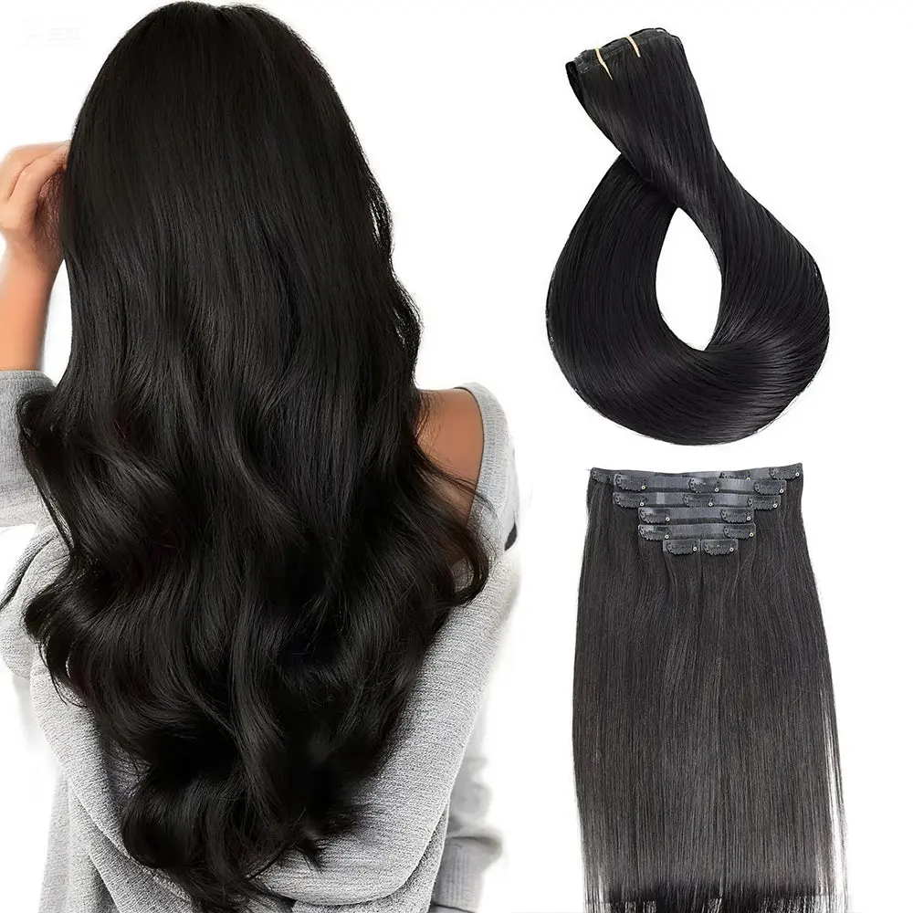YGwigs Seamless Clip in Human Hair Extensions Silicone Weft Black Hair, Body Wave, Straight, Curly