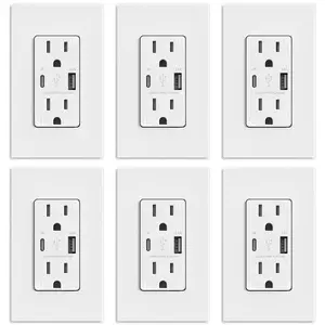 ELEGRP USB Outlets, 15 Amp Wall Outlet with USB Ports, 21W USB Outlets Receptacles with Type A & Type C Ports, Tamper Resistant Receptacle, Wall Plate Included, Ul Listed (6 Pack, Matte White)