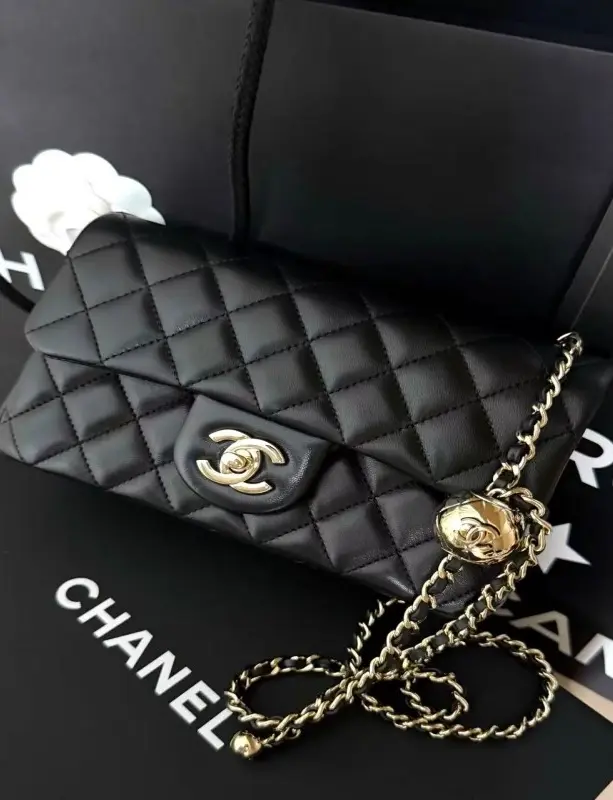 ‮ LENAHC  ‬Classic Flap Gold Ball Version Black Lambskin Women Designer Shoulder Purse