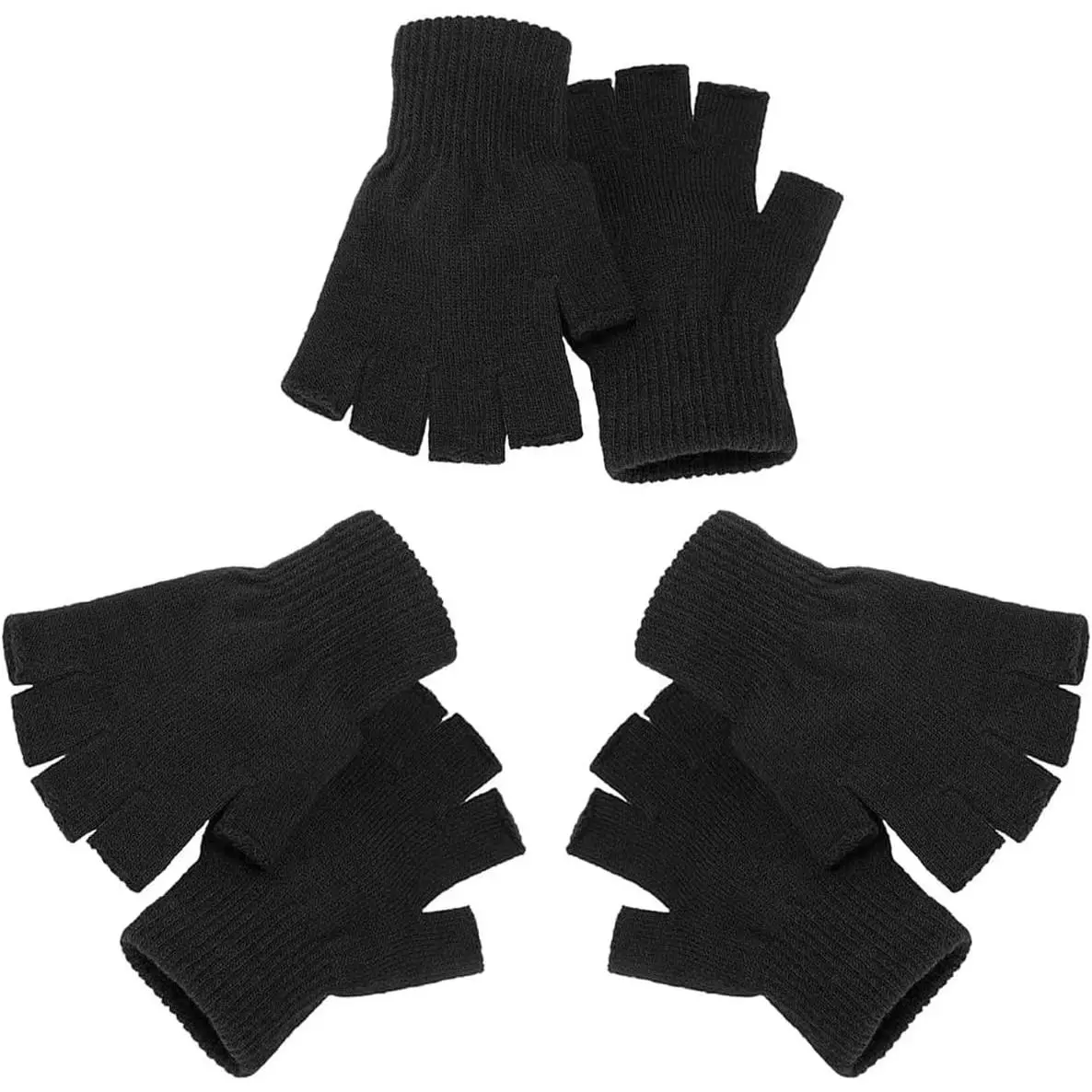3 Pairs Fingerless Gloves Warm Knit Black Half Finger Gloves for Women Men Fingerless Work Warm Soft Touchscreen Work Gloves for Teens Adults