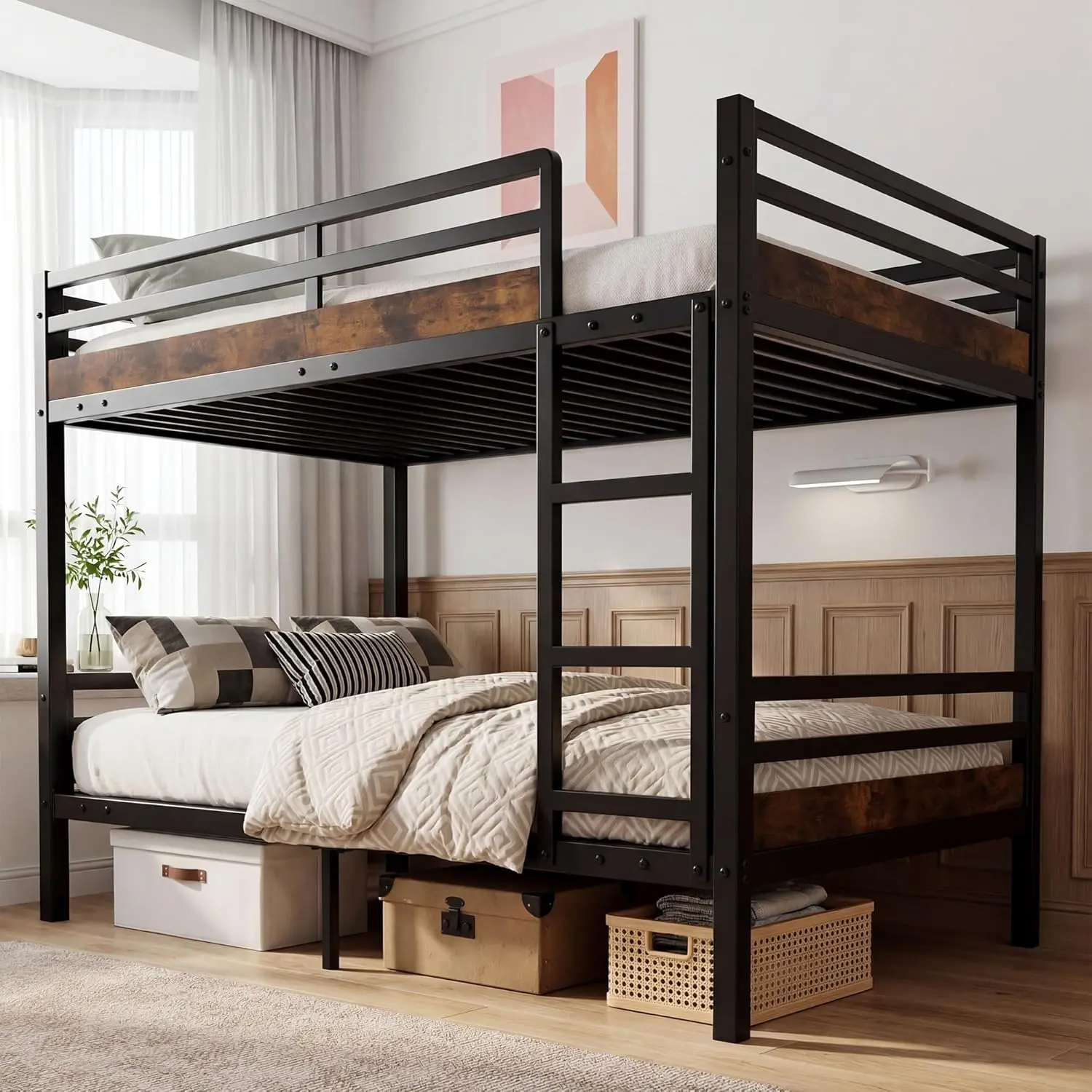 Metal Bunk Bed Twin Over Twin, 500lb Capacity Noise-Free with Safety Guardrails, Space-Saving Frame with Under Bed Storage, Black Brown, Storage Bed