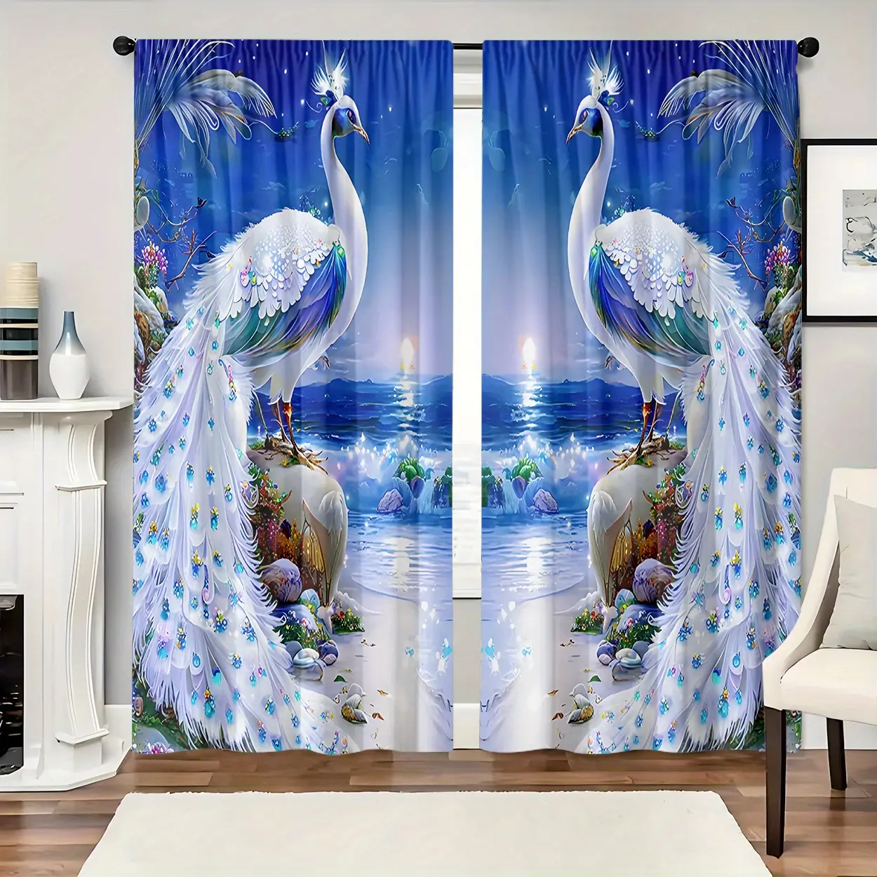 2pcs Home Textile Indoor Peacock Print Window Curtains - Vibrant Blue & White Seaside Scene, Light-Filtering Polyester Drapes with Rod Pocket Design for Bedroom, Living Room Decor