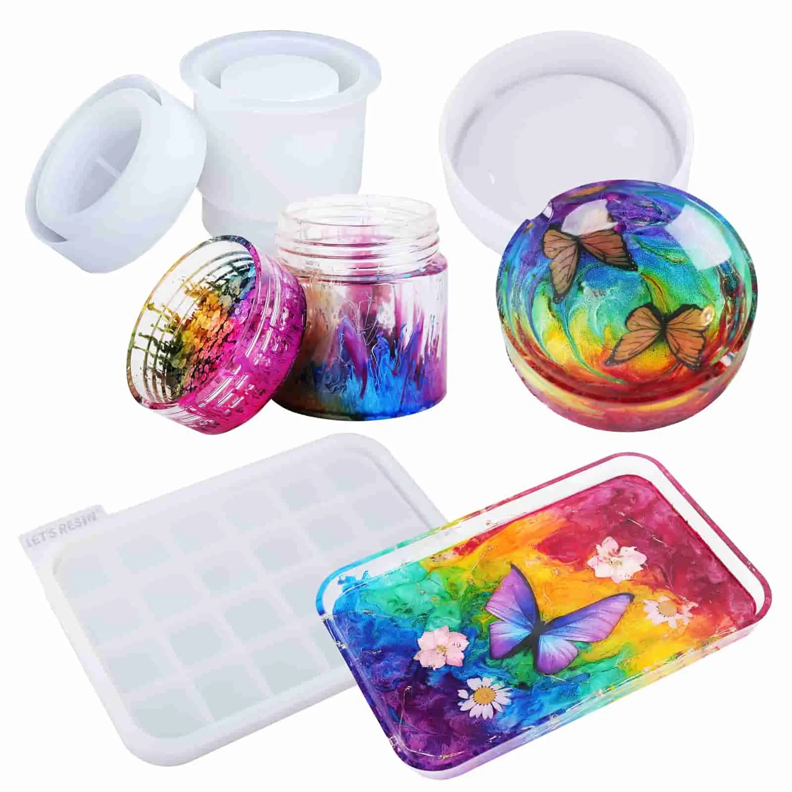 Resin Mold Silicone Kit with Resin Rolling Tray Mold, Ashtray Resin Jar Mold with Lid for Casting Resin,Epoxy Resin,DIY Storage Container -LET'S RESIN