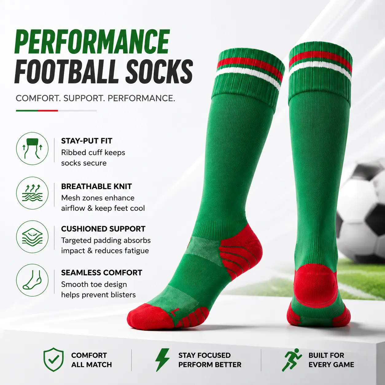 Men's green and red football socks| Knee-high sports football socks with cushioned soles, non-slip grip, and breathable seamless toe