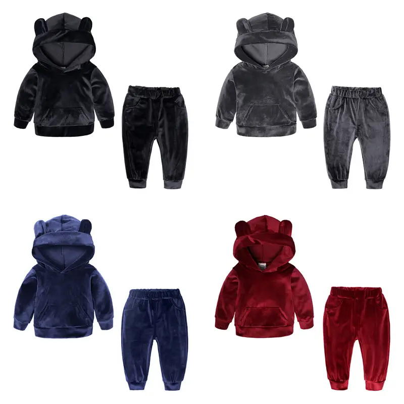 2024 Kids Boys Girls Clothes Set Velvet Tracksuit Solid Cute Bear Hoodies With Pocket Tops Sweatshirt+Pants Children Clothing Sweatsuit Outfits