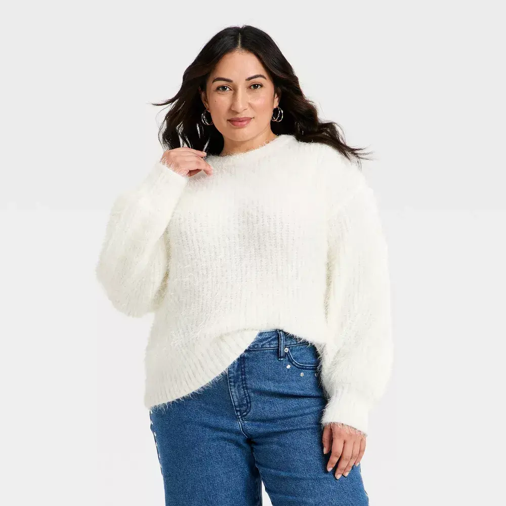 Women's Long Sleeve Crewneck Fuzzy Pullover Sweater - Ava & Viv