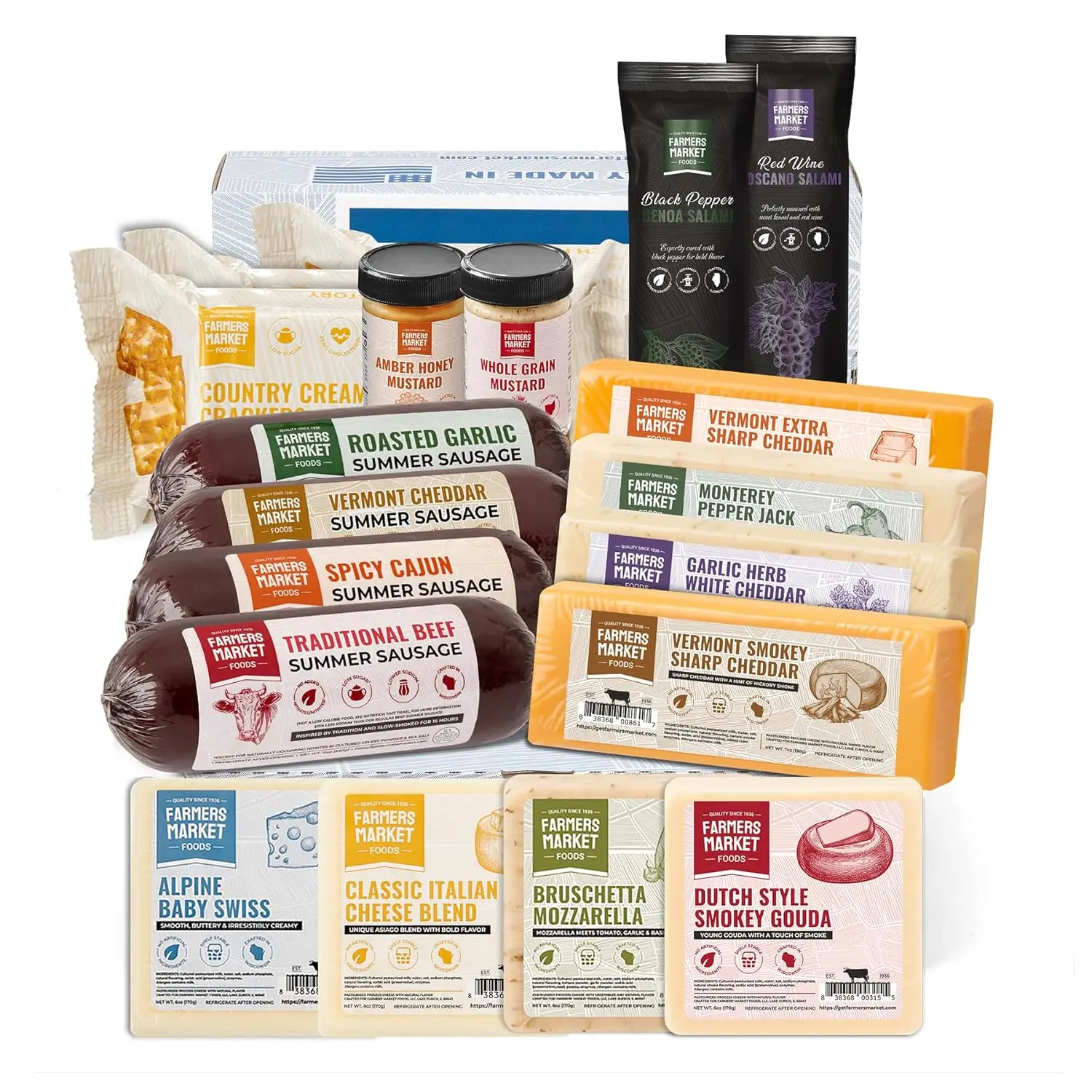 Farmers Market Foods Ultimate Charcuterie Collection Gift Box - Sugar-Free, Smoked Traditional Beef Summer Sausage, Premium Wisconsin Cheese, Spicy Cajun Salami, Roasted Garlic Whole Grain Mustard, Crackers