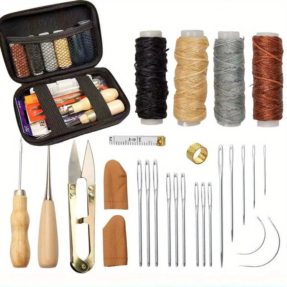 Leather Sewing Kit, Leather Working Tools and Supplies, Leather Working Kit with Large-Eye Stitching Needles, Waxed Thread, Leather Upholstery Repair Kit, Leather Sewing Tools for Leather Craft