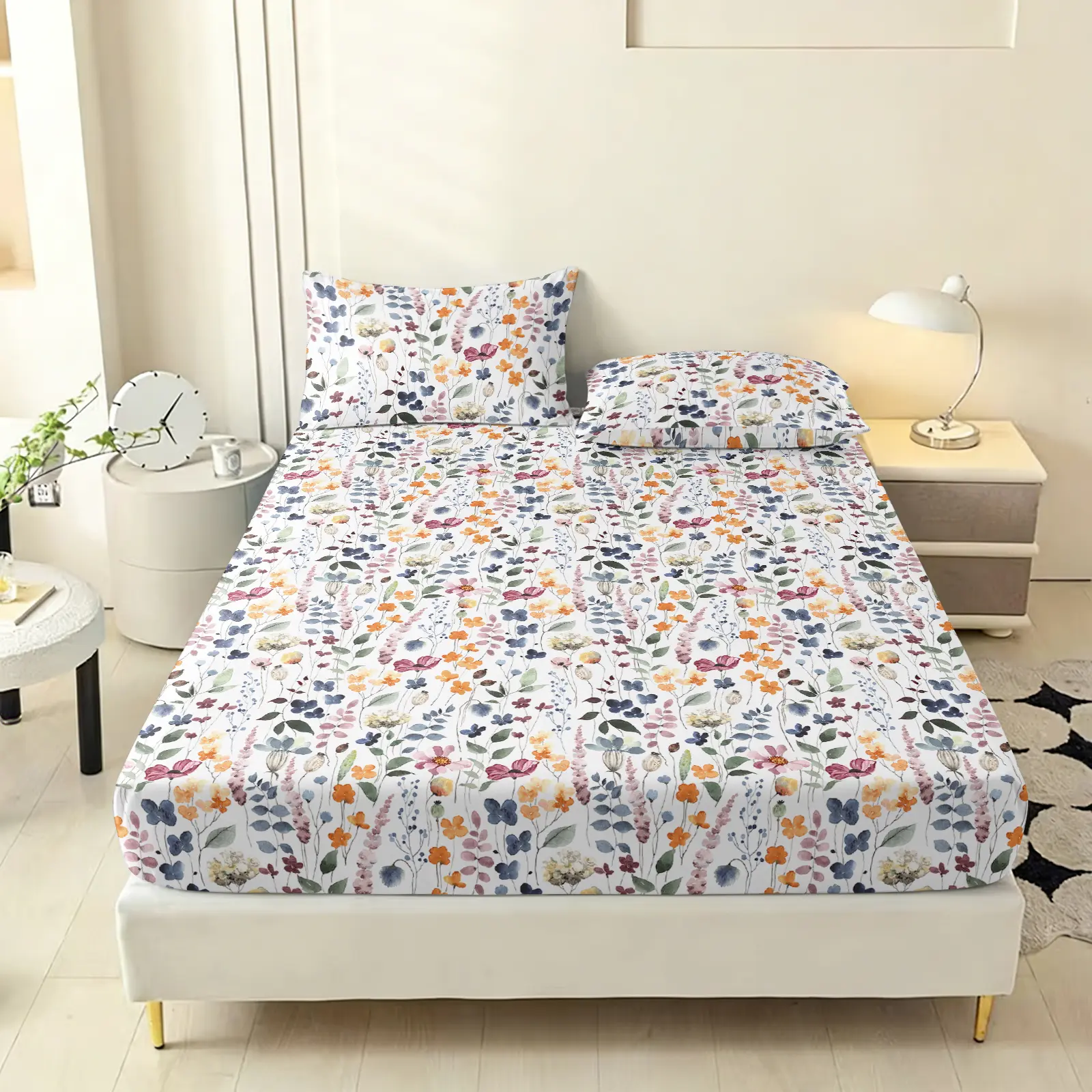 3Pcs Polyester Fiber Watercolor Flora Fitted Sheet Bedding Set, Digital Print Multi-Floral Leaf Design, Deep Pocket Fit, Cottagecore Look for Apartment/Dorms, Girls' Rooms