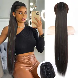 Claw Long Straight Ponytail Extension, 30 Inch Long Straight Ponytail Hairpieces Fake Pony Tails Natural Soft Clip in Synthetic Hair Extension ponytail for Women (Black Brown)