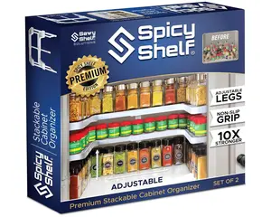 Spicy Shelf Premium  - Expandable and Adjustable 2 Tiered Spice Rack Organizer for Cabinet & Pantry - Stackable Cabinet Organizer for Spices Pills Supplements & More (BOX COLOR MAY VARY)