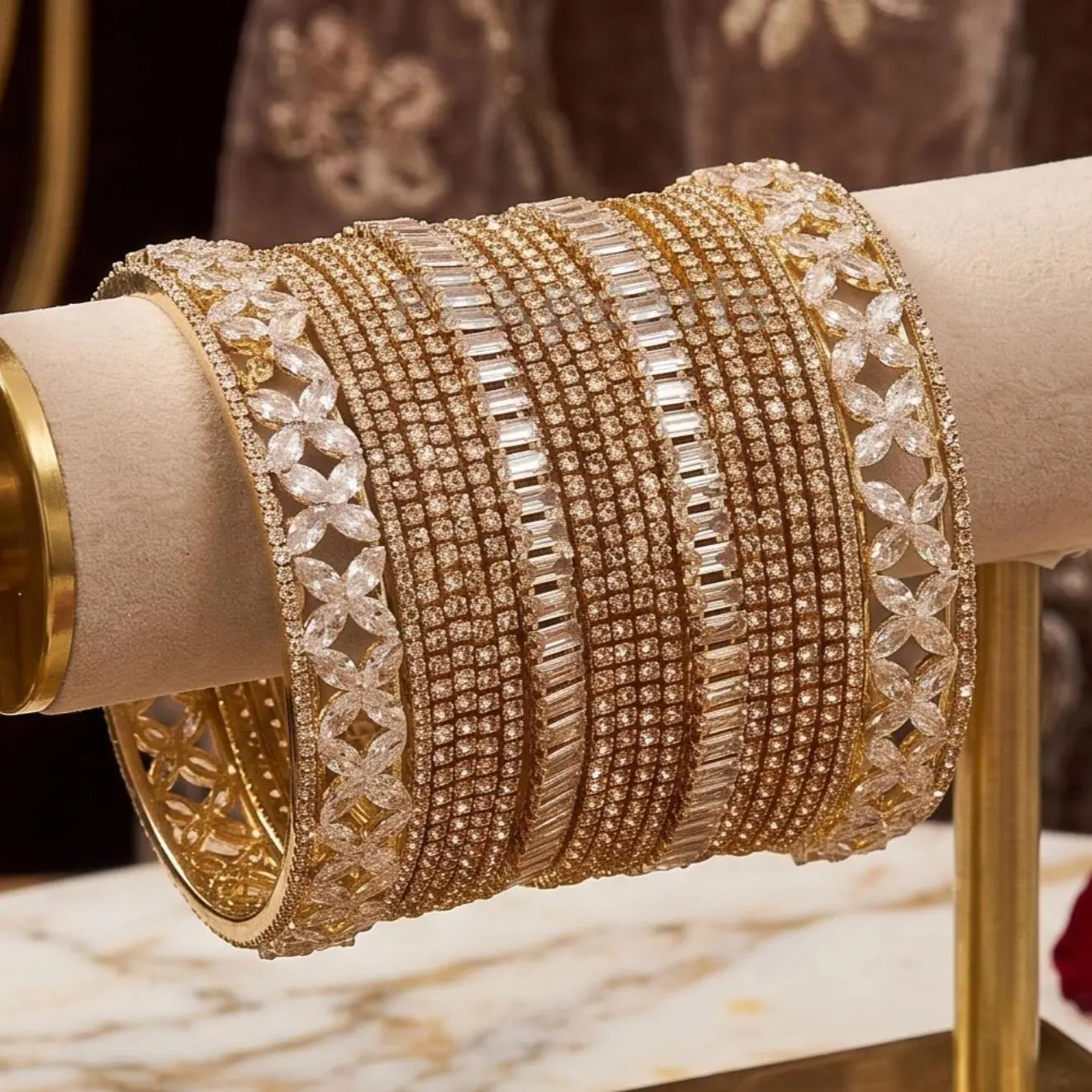 16-Piece Premium Gold AD Bangles Set | Indian Bridal Jewelry & Wedding Bracelets