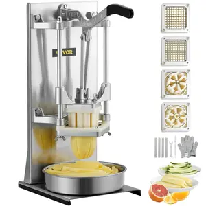 【DealsForYouDays】VEVOR Commercial French Fry Cutter with 4 Replacement Blades,  1/4″ and 3/8″ Blade Easy Dicer Chopper, 6-wedge Slicer and 6-wedge Apple Corer, Lemon Potato Cutter for French Fries with Extended Handle Kitchen Stainless