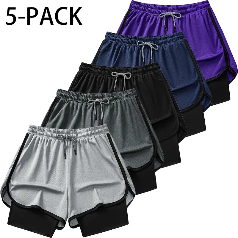 Men's 5-Pack 2-in-1 Athletic Shorts, Dual-Layer Running Style with Built-in Compression Liner, Quick-Dry Gym Design, Drawstring Elastic Waist, Loose-Fit for Fitness, Basketball, Daily Casual Wear, Short