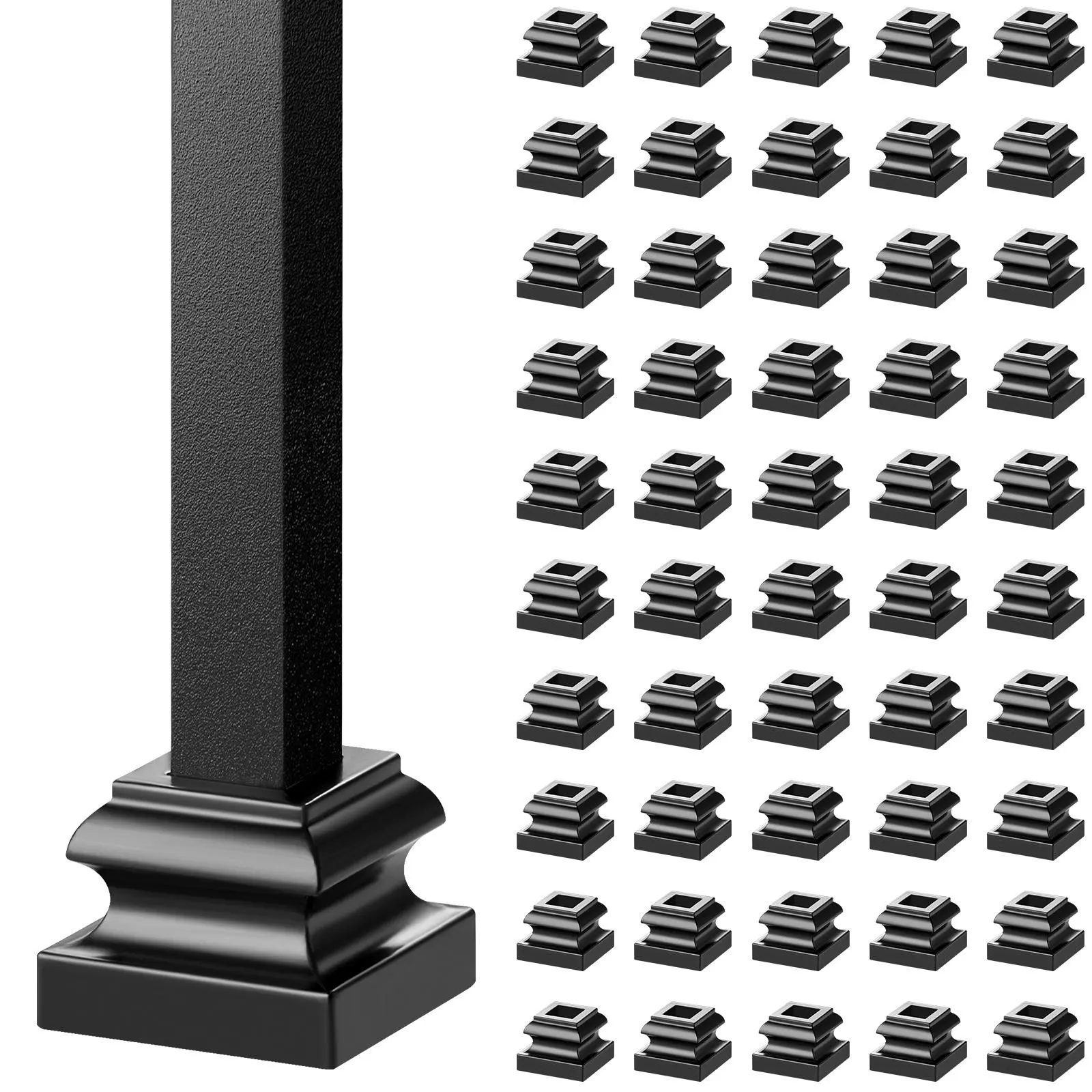 VEVOR Satin Black Aluminum Alloy Stair Baluster Shoes, 1/2 in Square Hardware Parts with Screw Holes, Stain-Resistant Flat Stabilizer Sliders for Scroll Metal Spindle Railings (50-Piece Bulk Pack) - Safety Support Father's Day Gift