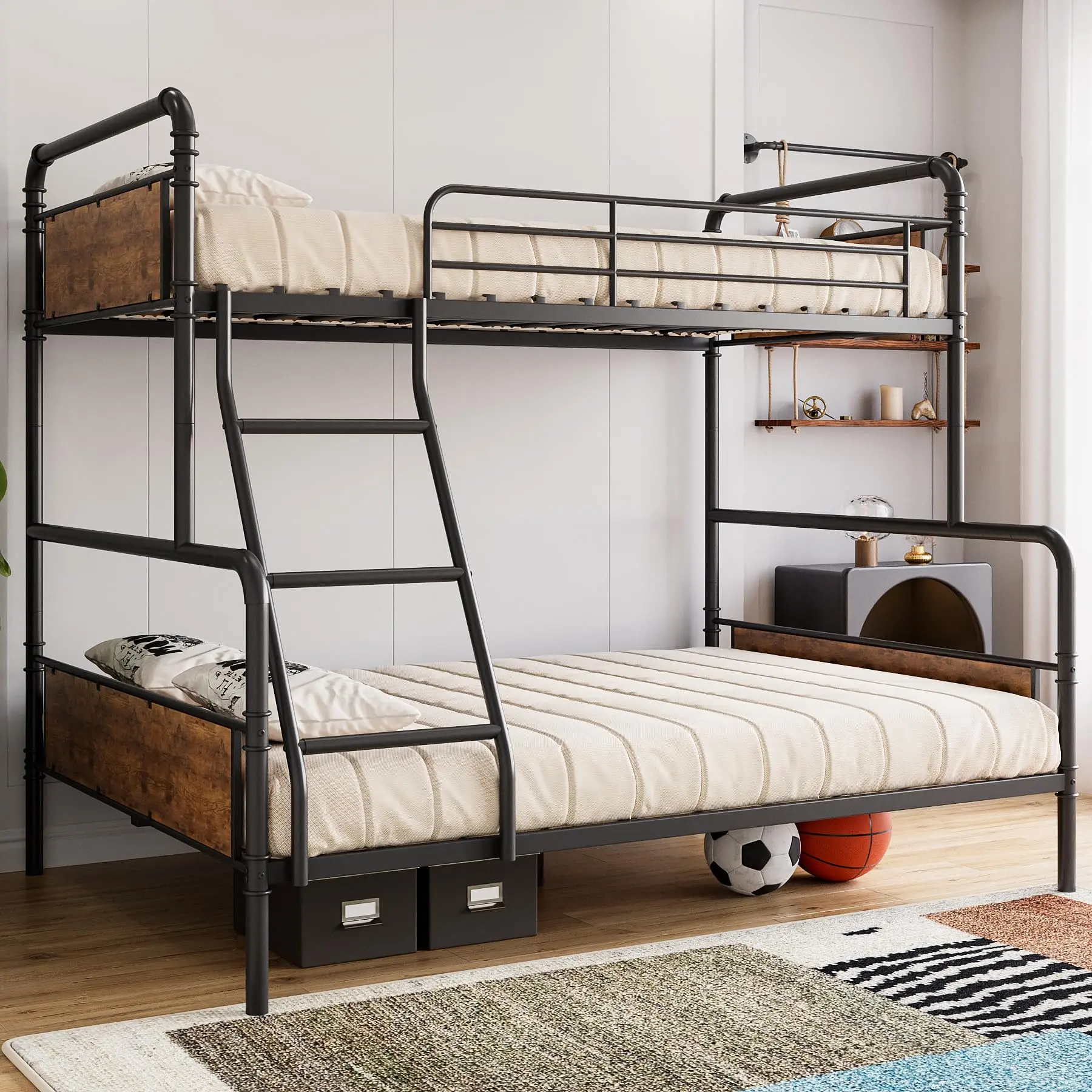 Garvee Metal Bunk Bed Twin Over Full Size with Angled Ladder, High Guardrail, Heavy Duty Frame with Metal Slats, Smooth Rounded Edges, Suitable for Teens and Adults, Vintage Brown Finish